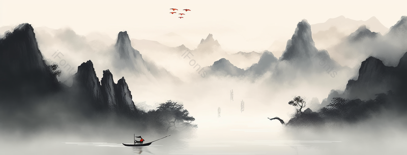 山水河流复古风意境自然景观中式风水墨画,插画/手绘图,插画/手绘图库,插画/手绘图下载,插画/手绘